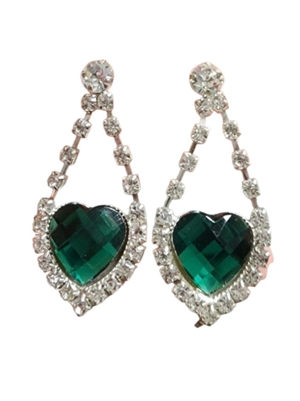 Green Silver Heart Earrings